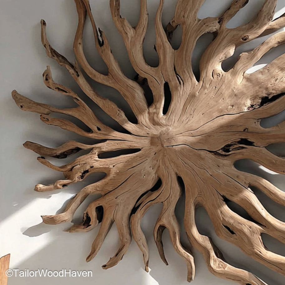 Driftwood Wall Art Large statement piece built from oversized driftwood pieces arranged to create natural texture for spacious modern walls