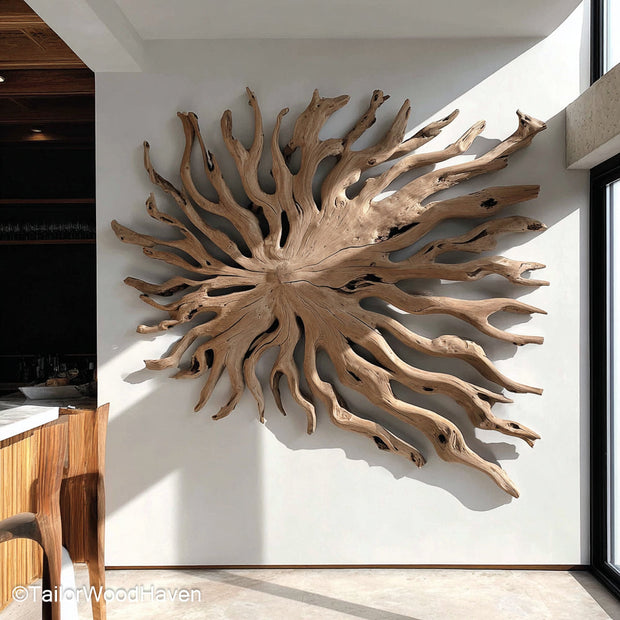 Driftwood Wall Art Large statement piece built from oversized driftwood pieces arranged to create natural texture for spacious modern walls