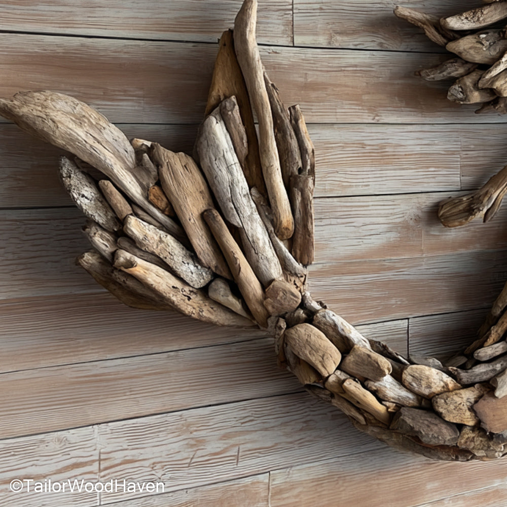 Coastal Driftwood Wall Art made with weathered driftwood in light, natural tones, designed to bring breezy beach charm to neutral or whitewashed interiors
