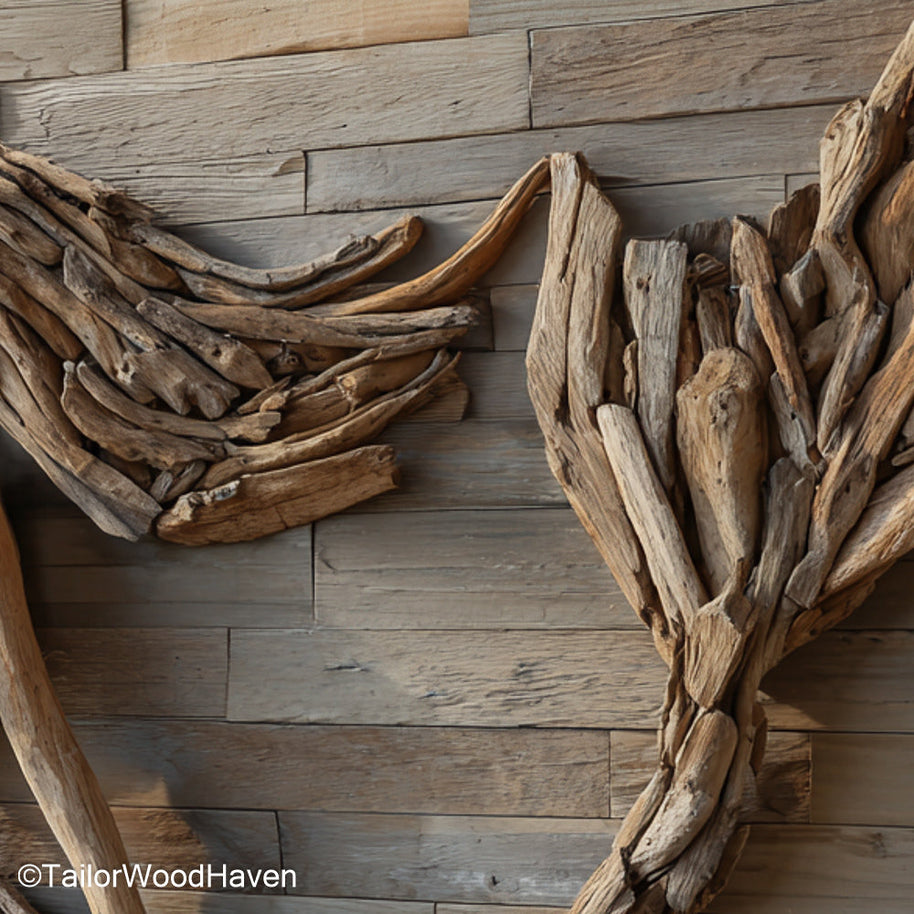 Drift Wood Wall sculpture made from natural ocean-collected driftwood, arranged in a textured wall display perfect for rustic or coastal interiors