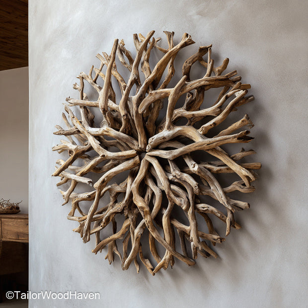 Painted Driftwood Art created with hand painted driftwood pieces in soft coastal tones, ideal for bringing color and movement to bohemian wall decor