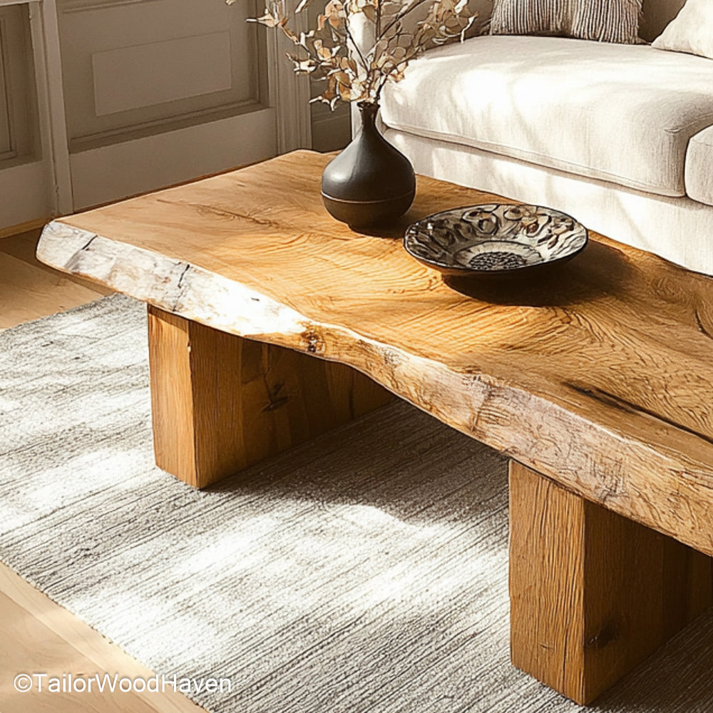 Rustic Oak Live Edge Coffee Table with Solid Block Legs