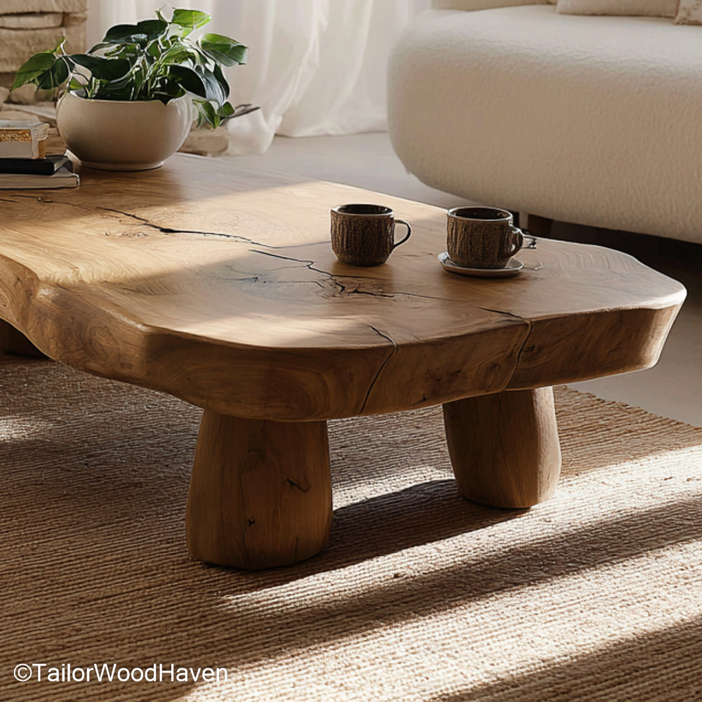 Rustic Live Edge Coffee Table Crafted from Solid Natural Wood