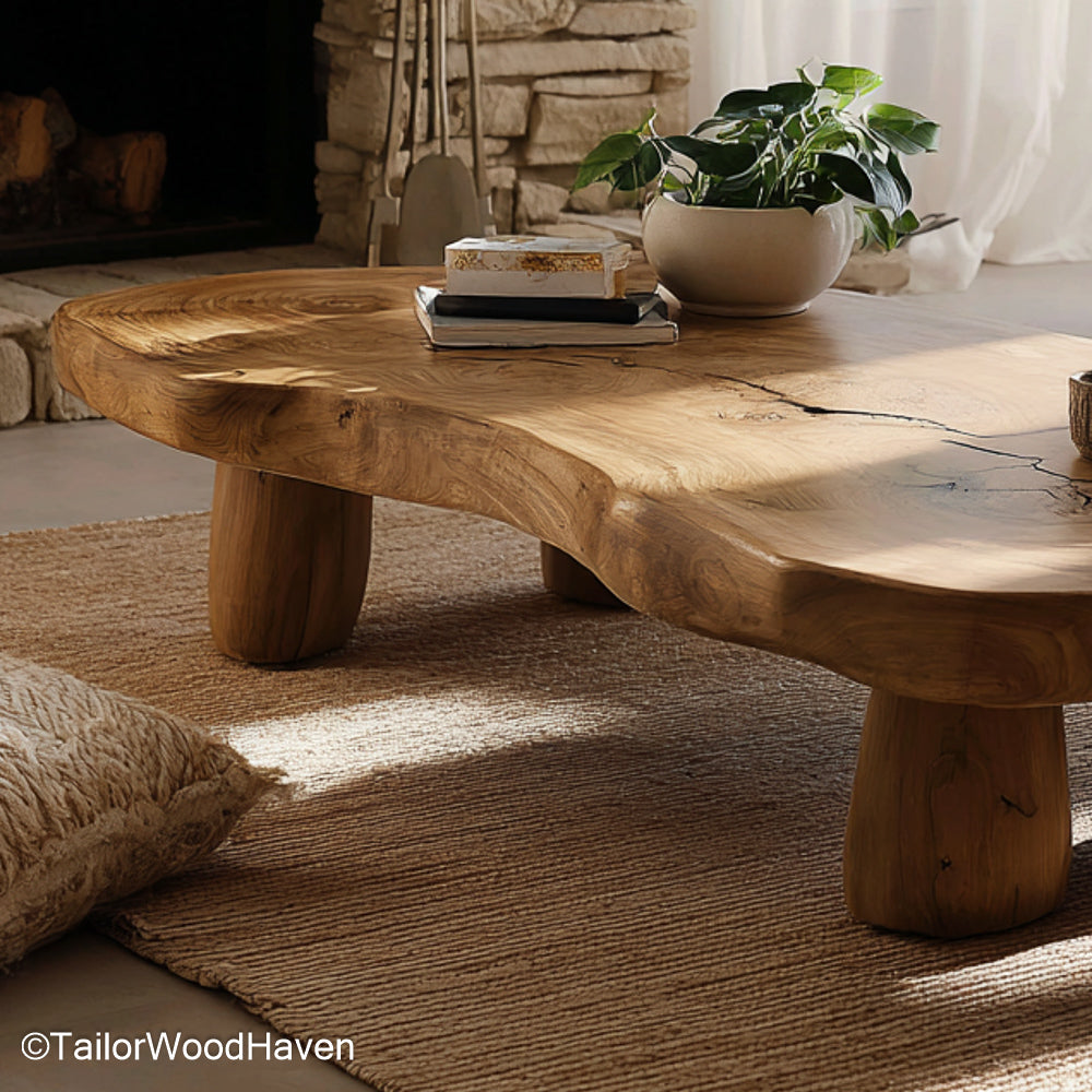 Rustic Live Edge Coffee Table Crafted from Solid Natural Wood