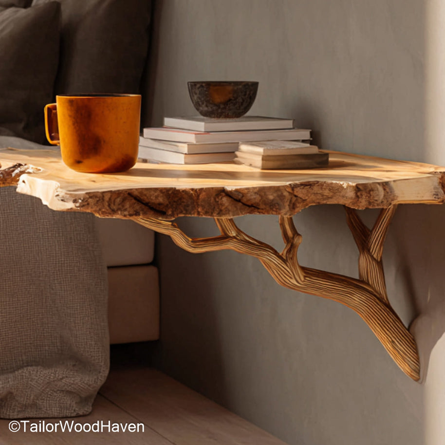 Floating Shelf as Bedside Table made from thick wood with strong wall mount and organic finish, perfect as a modern bedside shelf alternative