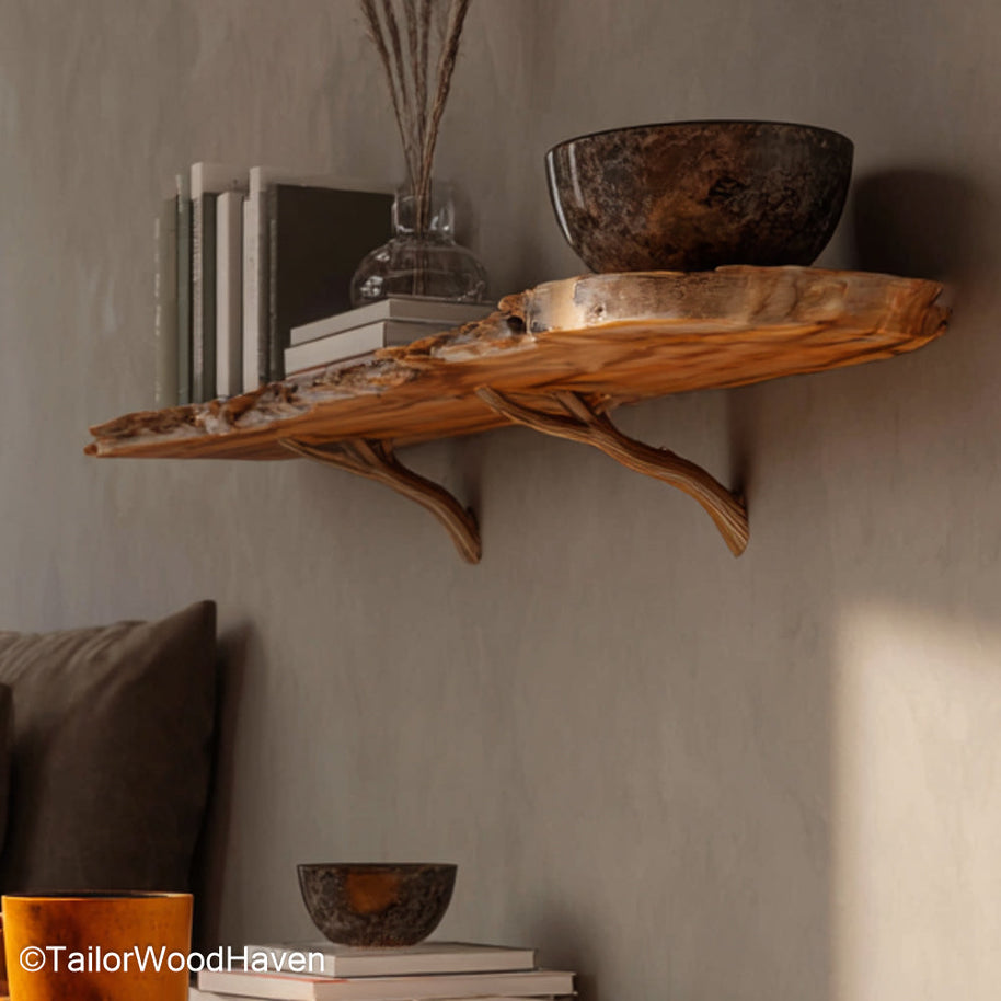 Floating Shelf as Bedside Table made from thick wood with strong wall mount and organic finish, perfect as a modern bedside shelf alternative