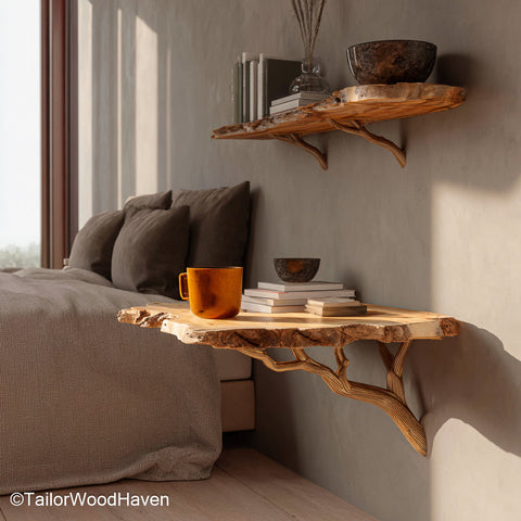 Floating Shelf as Bedside Table made from thick wood with strong wall mount and organic finish, perfect as a modern bedside shelf alternative