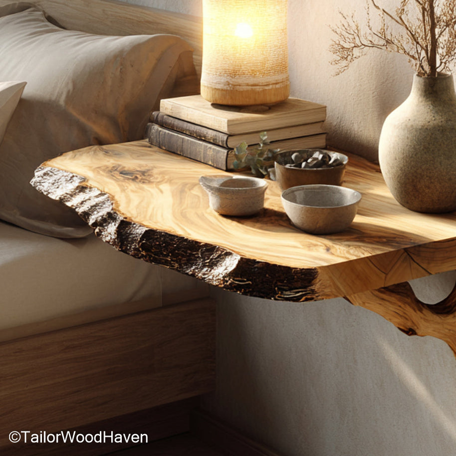 Floating Night built from solid timber with clean floating structure, offering warm wood texture and easy wall mounted storage beside your bed