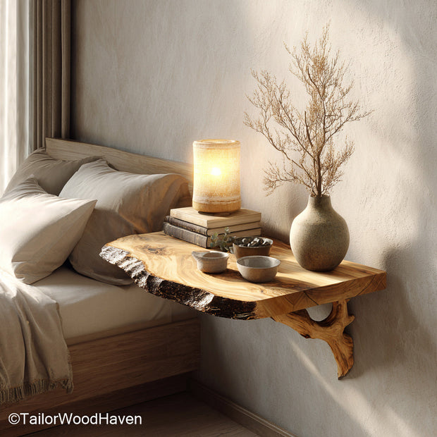 Floating Night built from solid timber with clean floating structure, offering warm wood texture and easy wall mounted storage beside your bed