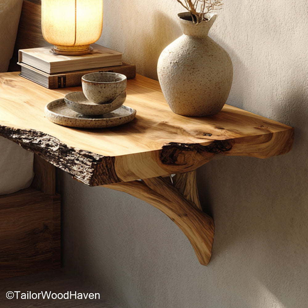 Small Wall Mounted Nightstand made from compact solid wood with floating brackets, designed for tight bedroom layouts and cozy guest spaces