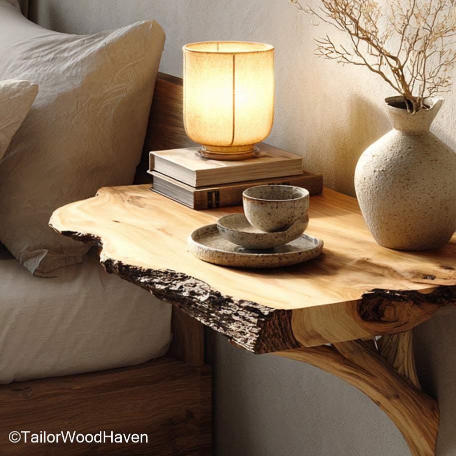 Small Wall Mounted Nightstand made from compact solid wood with floating brackets, designed for tight bedroom layouts and cozy guest spaces