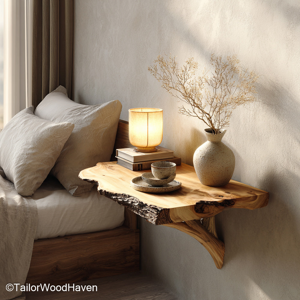 Small Wall Mounted Nightstand made from compact solid wood with floating brackets, designed for tight bedroom layouts and cozy guest spaces