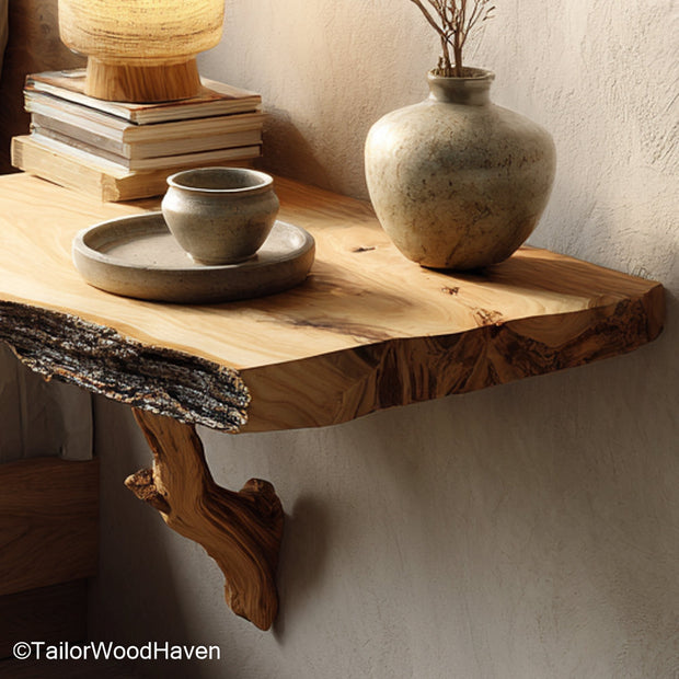 Narrow floating bedside table built from real wood with a slim profile and wall mounted frame, ideal for tight spaces and minimalist bedroom storage
