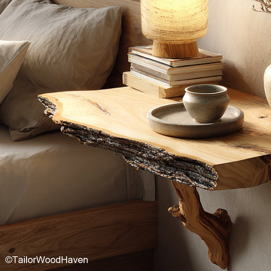 Narrow floating bedside table built from real wood with a slim profile and wall mounted frame, ideal for tight spaces and minimalist bedroom storage