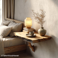 Narrow floating bedside table built from real wood with a slim profile and wall mounted frame, ideal for tight spaces and minimalist bedroom storage