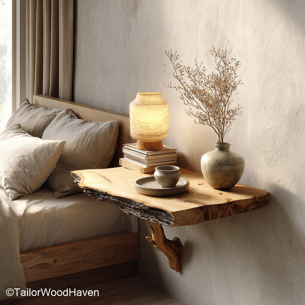 Narrow floating bedside table built from real wood with a slim profile and wall mounted frame, ideal for tight spaces and minimalist bedroom storage