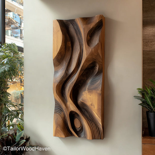 Modern wood wall decor crafted from layered hardwood with geometric symmetry and clean lines, perfect for living rooms or minimalist interiors