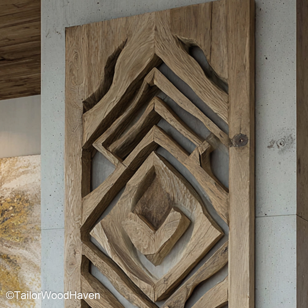 Recycled Wood Wall Art Eco Friendly Recycled Wood Wall Art Created from Repurposed Timber, Showcasing Rich Texture and Natural Variations