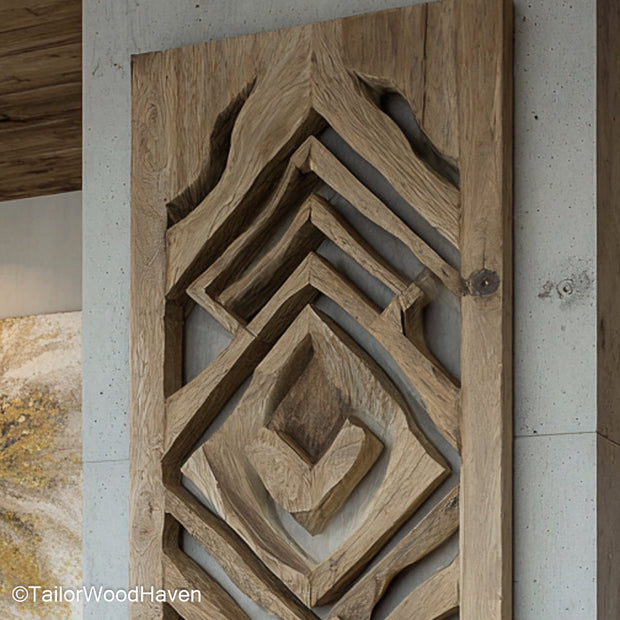 Recycled Wood Wall Art Eco Friendly Recycled Wood Wall Art Created from Repurposed Timber, Showcasing Rich Texture and Natural Variations