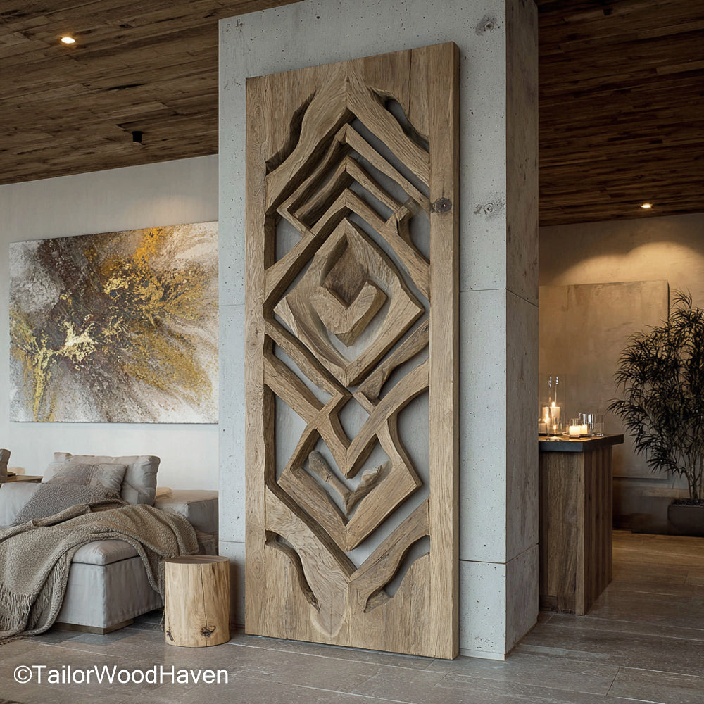 Recycled Wood Wall Art Eco Friendly Recycled Wood Wall Art Created from Repurposed Timber, Showcasing Rich Texture and Natural Variations