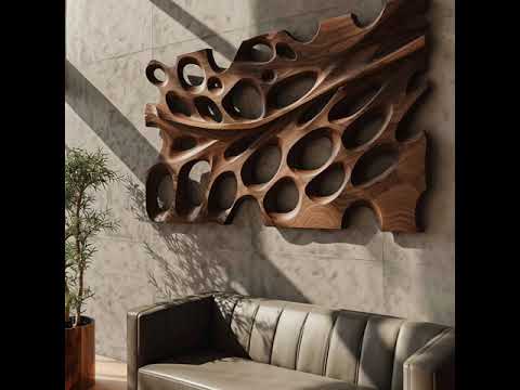 Video: carved wood wall panel with organic oval openings, hung above a leather sofa