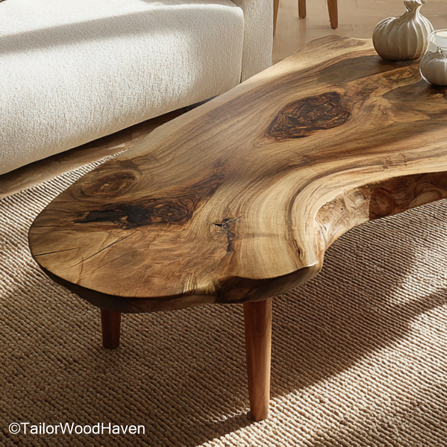 Wood Slab Accent Table made from a solid wood slab with rich grain and a natural edge, perfect as a rustic side table or organic modern living room piece
