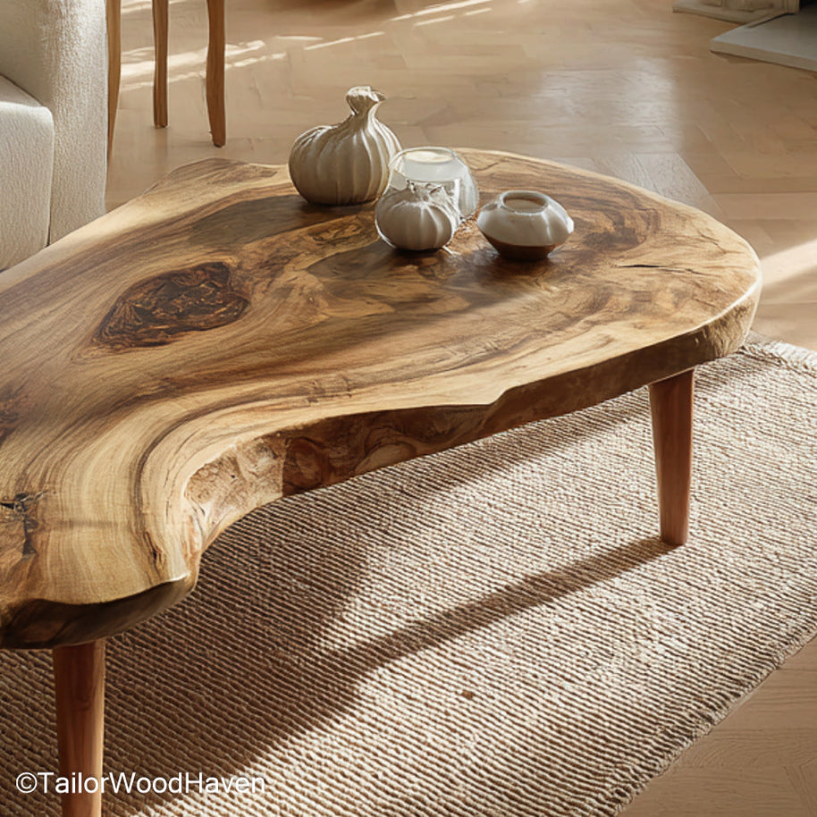 Wood Slab Accent Table made from a solid wood slab with rich grain and a natural edge, perfect as a rustic side table or organic modern living room piece