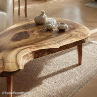 Wood Slab Accent Table made from a solid wood slab with rich grain and a natural edge, perfect as a rustic side table or organic modern living room piece