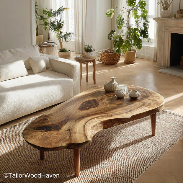 Wood Slab Accent Table made from a solid wood slab with rich grain and a natural edge, perfect as a rustic side table or organic modern living room piece