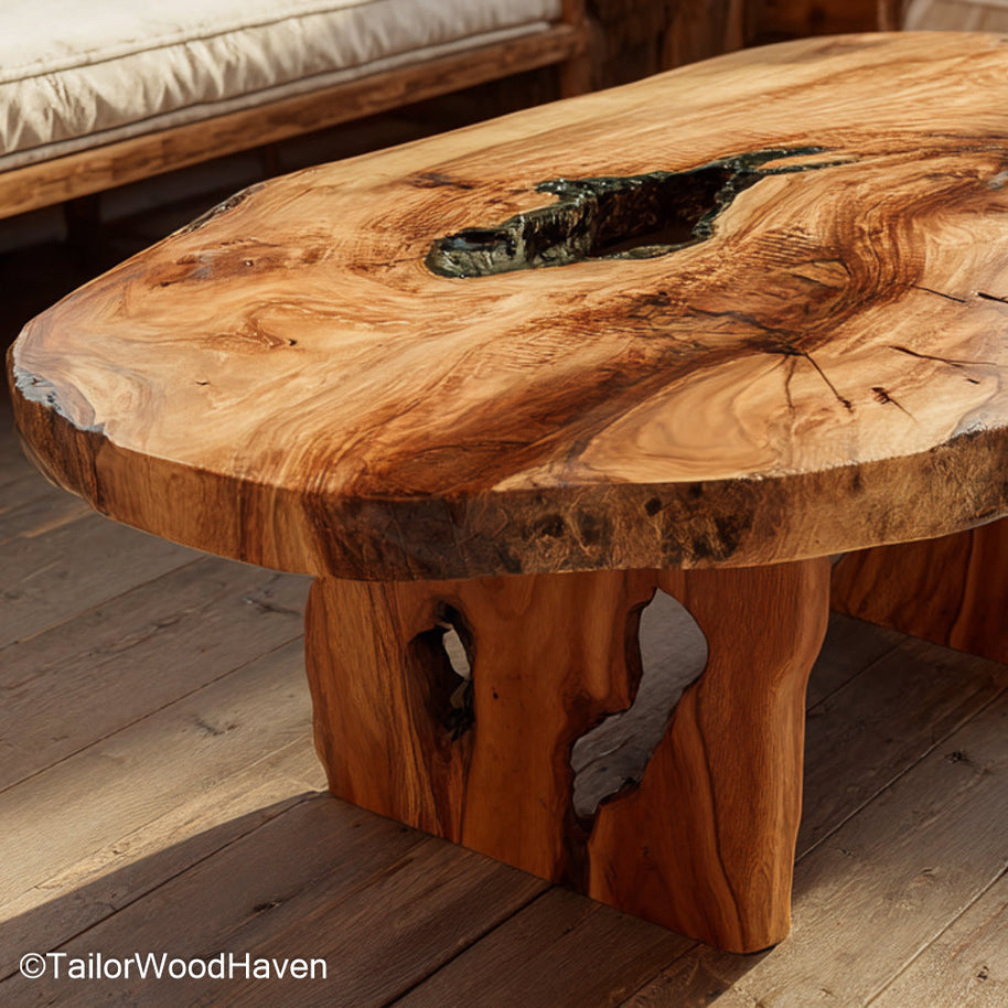 Wood Edge Coffee Table crafted from real wood with a live edge surface and sturdy base, ideal for adding warmth and texture to cozy living areas