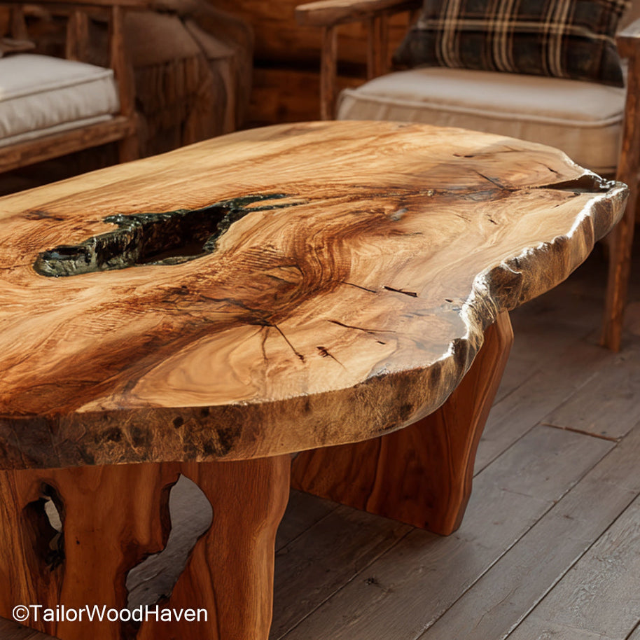 Wood Edge Coffee Table crafted from real wood with a live edge surface and sturdy base, ideal for adding warmth and texture to cozy living areas