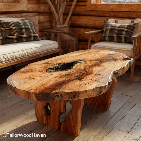 Wood Edge Coffee Table crafted from real wood with a live edge surface and sturdy base, ideal for adding warmth and texture to cozy living areas