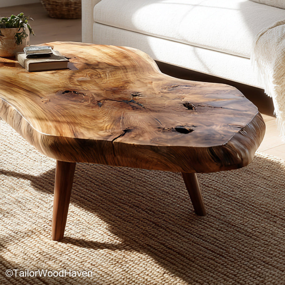 Wood Coffee Table with Live Edge built from hardwood with a natural edge slab and smooth finish, perfect for rustic, boho, or minimalist interiors