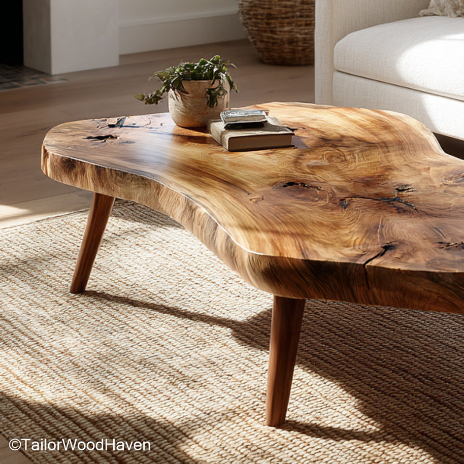 Wood Coffee Table with Live Edge built from hardwood with a natural edge slab and smooth finish, perfect for rustic, boho, or minimalist interiors