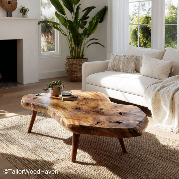 Wood Coffee Table with Live Edge built from hardwood with a natural edge slab and smooth finish, perfect for rustic, boho, or minimalist interiors