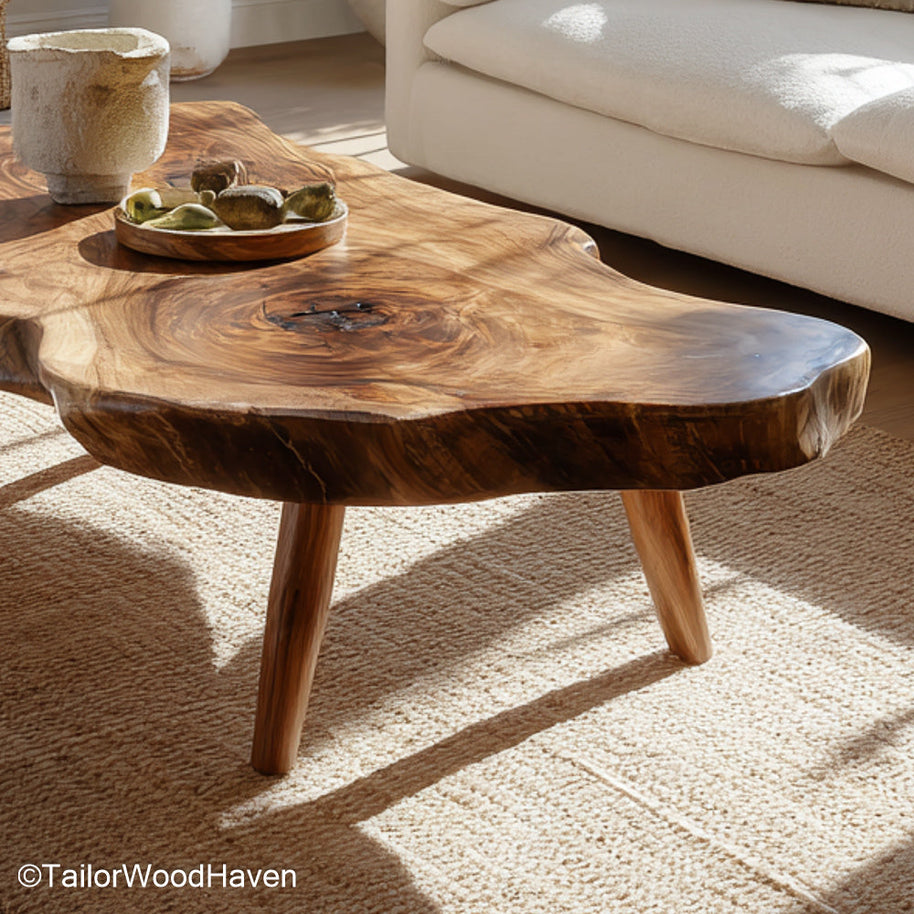Unique Live Edge Coffee Table created from irregular wood slabs with organic contours and a natural finish, offering artistic flair to any living room