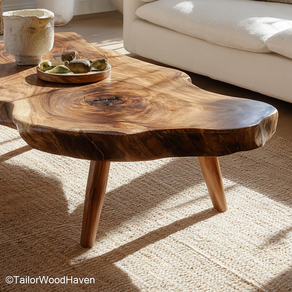 Unique Live Edge Coffee Table created from irregular wood slabs with organic contours and a natural finish, offering artistic flair to any living room