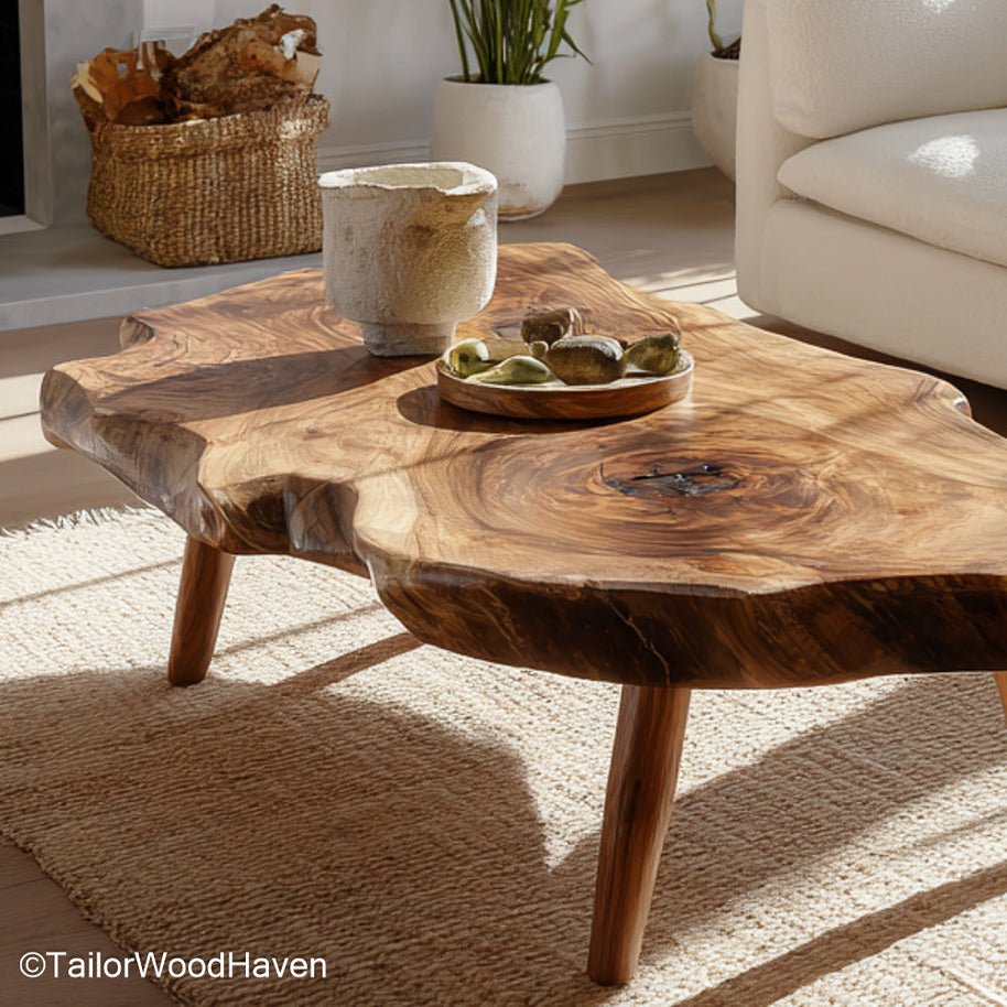Unique Live Edge Coffee Table created from irregular wood slabs with organic contours and a natural finish, offering artistic flair to any living room