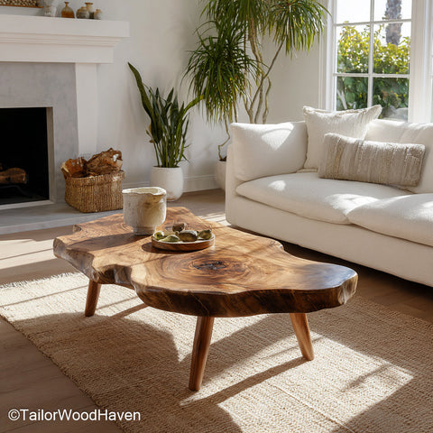 Unique Live Edge Coffee Table created from irregular wood slabs with organic contours and a natural finish, offering artistic flair to any living room