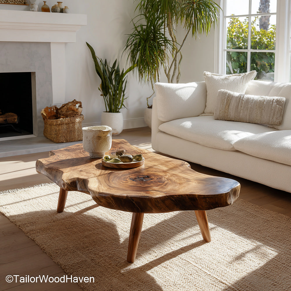 Unique Live Edge Coffee Table created from irregular wood slabs with organic contours and a natural finish, offering artistic flair to any living room