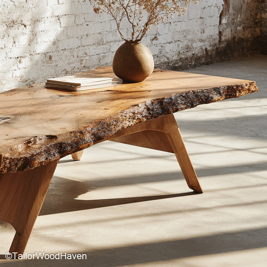 Tree Trunk Slab Coffee Table made from a cross section of real tree trunk with visible rings and a rustic finish, perfect for earthy and cozy interiors