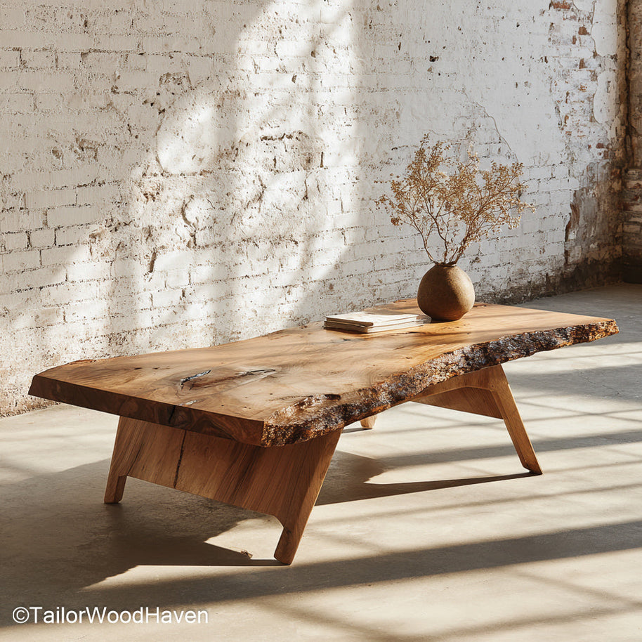 Tree Trunk Slab Coffee Table made from a cross section of real tree trunk with visible rings and a rustic finish, perfect for earthy and cozy interiors