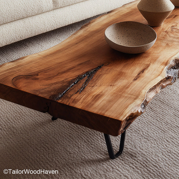 Pine live edge coffee table made from rustic pine with natural curves and soft finish, offering charm and warmth for small living rooms