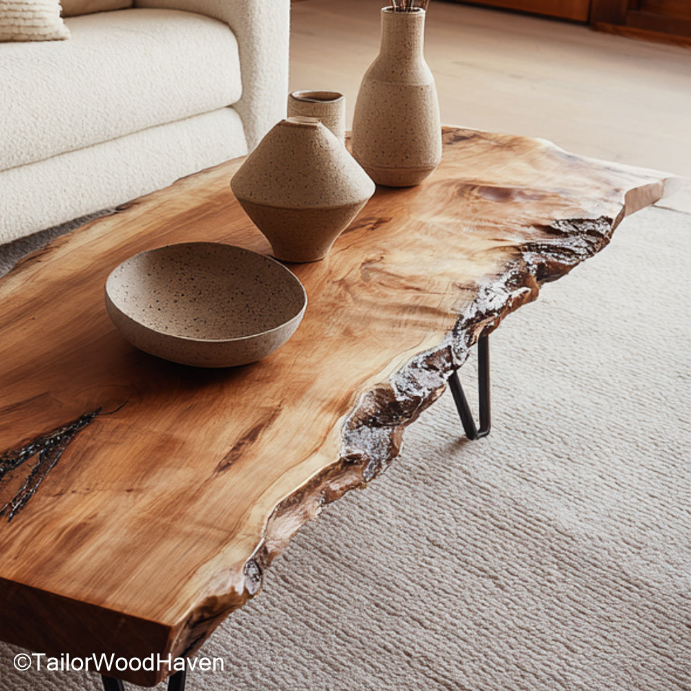 Pine live edge coffee table made from rustic pine with natural curves and soft finish, offering charm and warmth for small living rooms