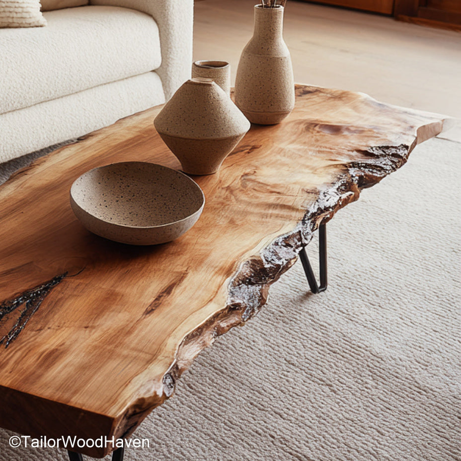 Pine live edge coffee table made from rustic pine with natural curves and soft finish, offering charm and warmth for small living rooms