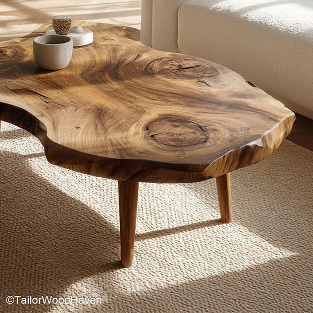 Tree Slab Coffee Table for Sale built from thick tree slabs with strong legs and natural edge, available in various sizes for rustic living room decor