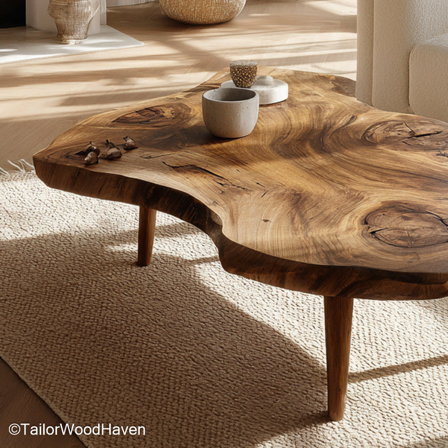 Tree Slab Coffee Table for Sale built from thick tree slabs with strong legs and natural edge, available in various sizes for rustic living room decor