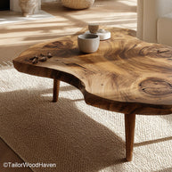 Tree Slab Coffee Table for Sale built from thick tree slabs with strong legs and natural edge, available in various sizes for rustic living room decor