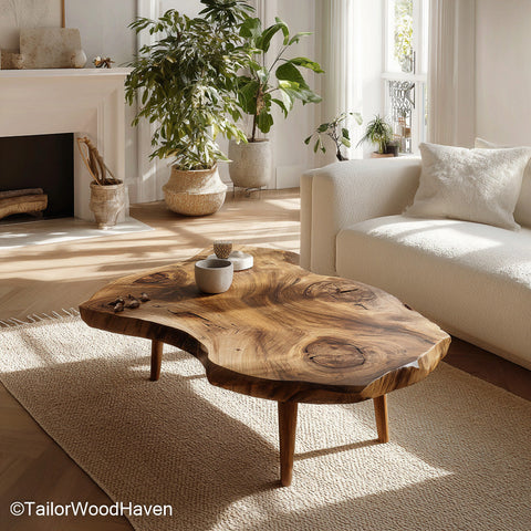 Tree Slab Coffee Table for Sale built from thick tree slabs with strong legs and natural edge, available in various sizes for rustic living room decor