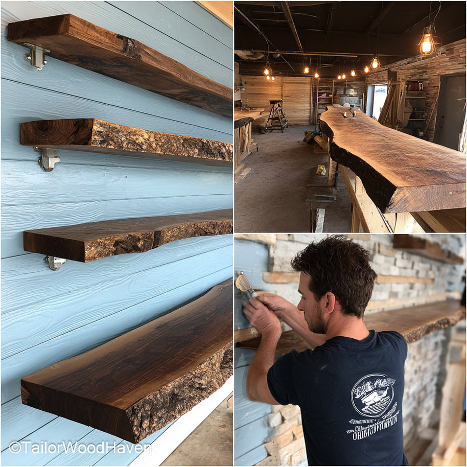 Walnut wood floating shelves made from rich walnut with visible grain and slim floating form, perfect for minimalist or farmhouse interiors